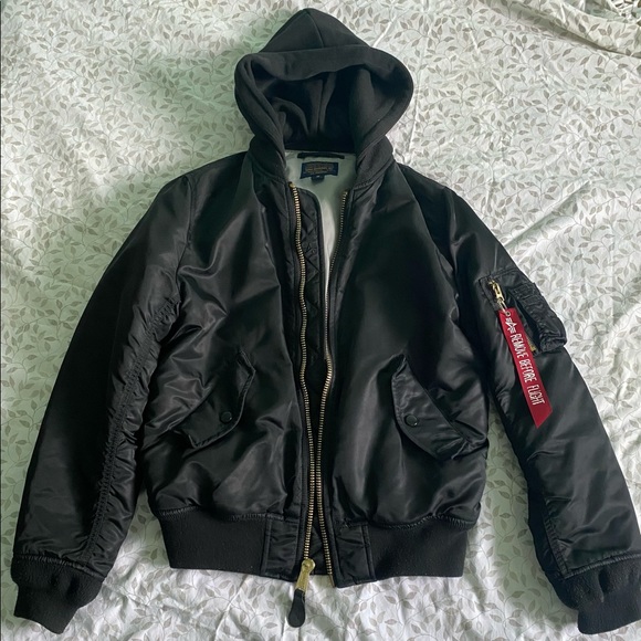Black Alpha Industries Bomber Jacket- Size M - Picture 2 of 4
